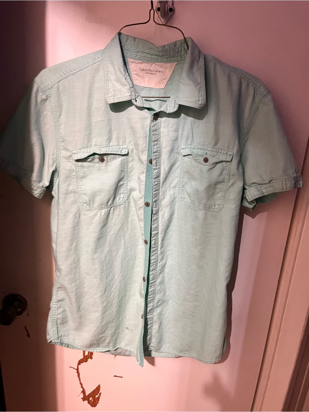 Calvin Klein Jeans Men's Mint Green Short-Sleeve Button-Down Shirt